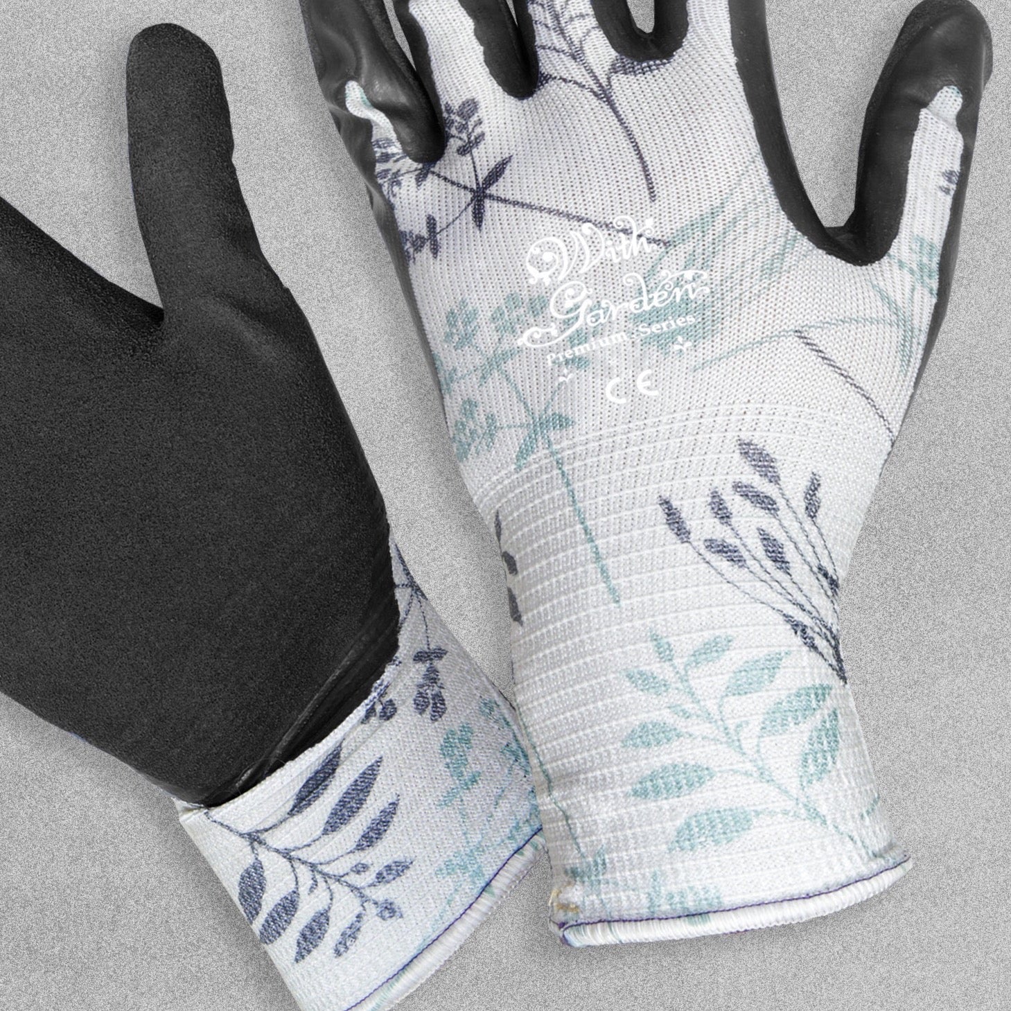 With Garden Premium Luminus Garden gloves - Herb design with black nitrile palm