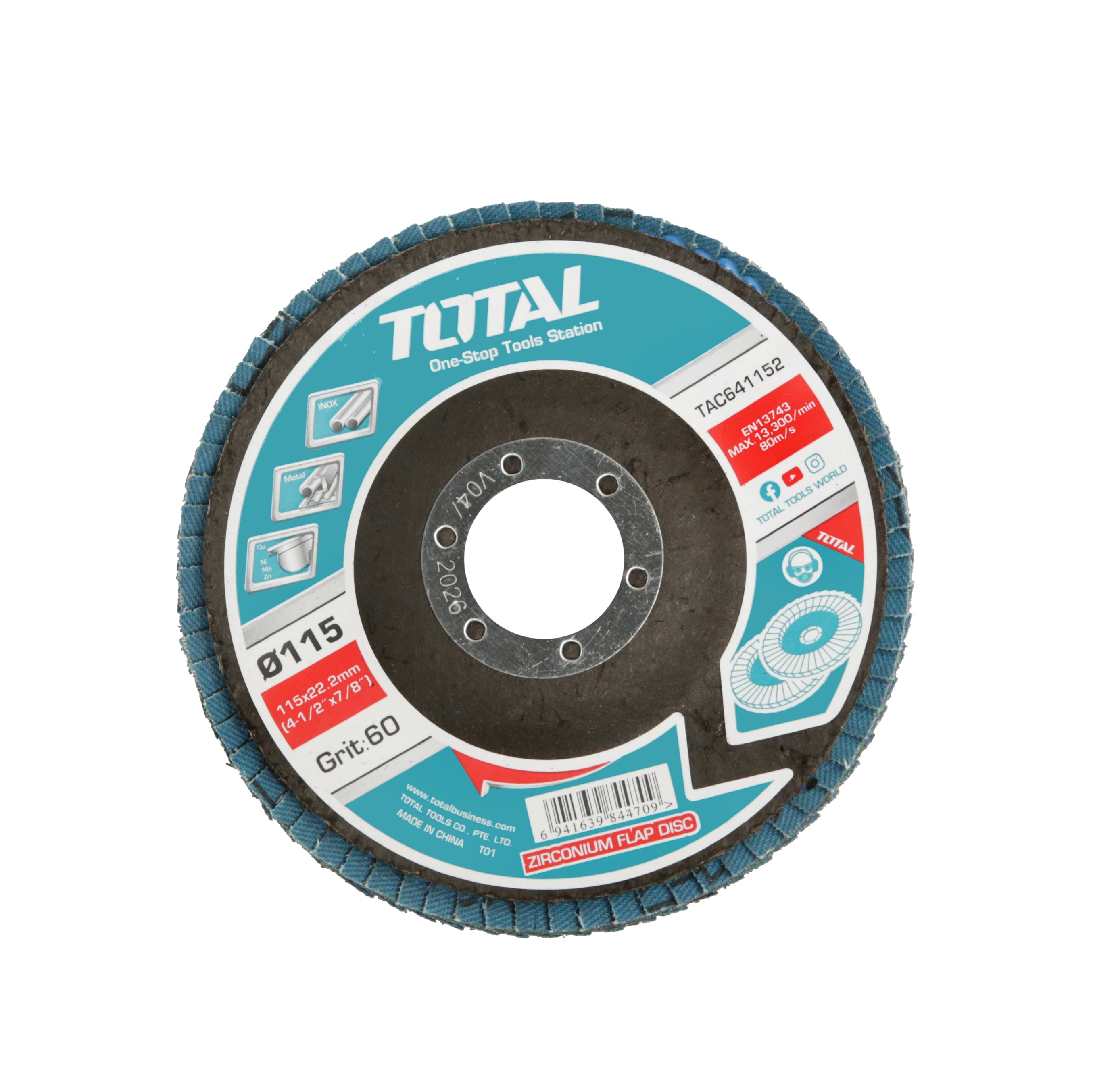 Total Zirconium Flap Disc - 22mm x 115mm - 60 Grit - TAC641152