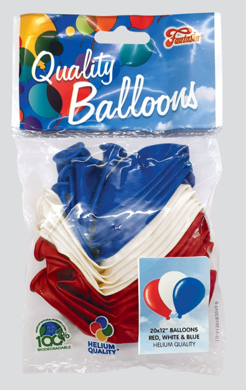 Fantasia 12" Red/ White/Blue Balloons - Pack of 20