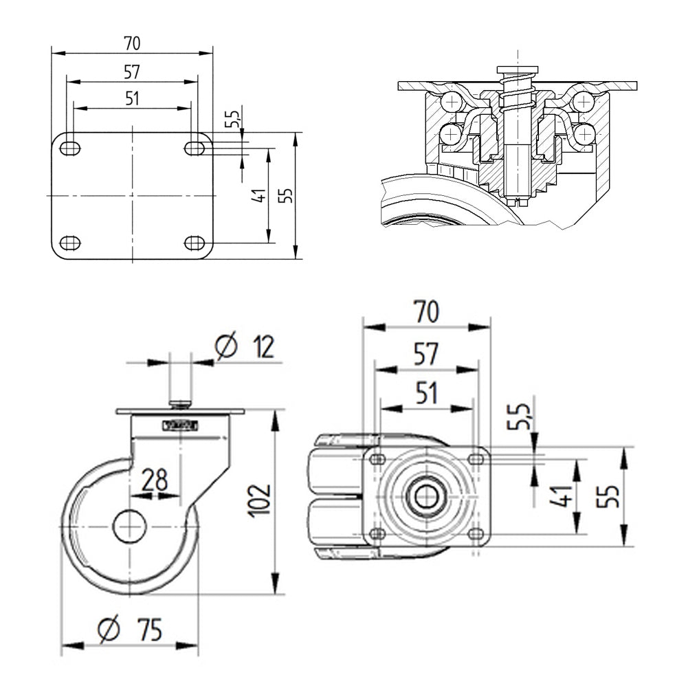 Tente Swivel Castor Wheel 75mm