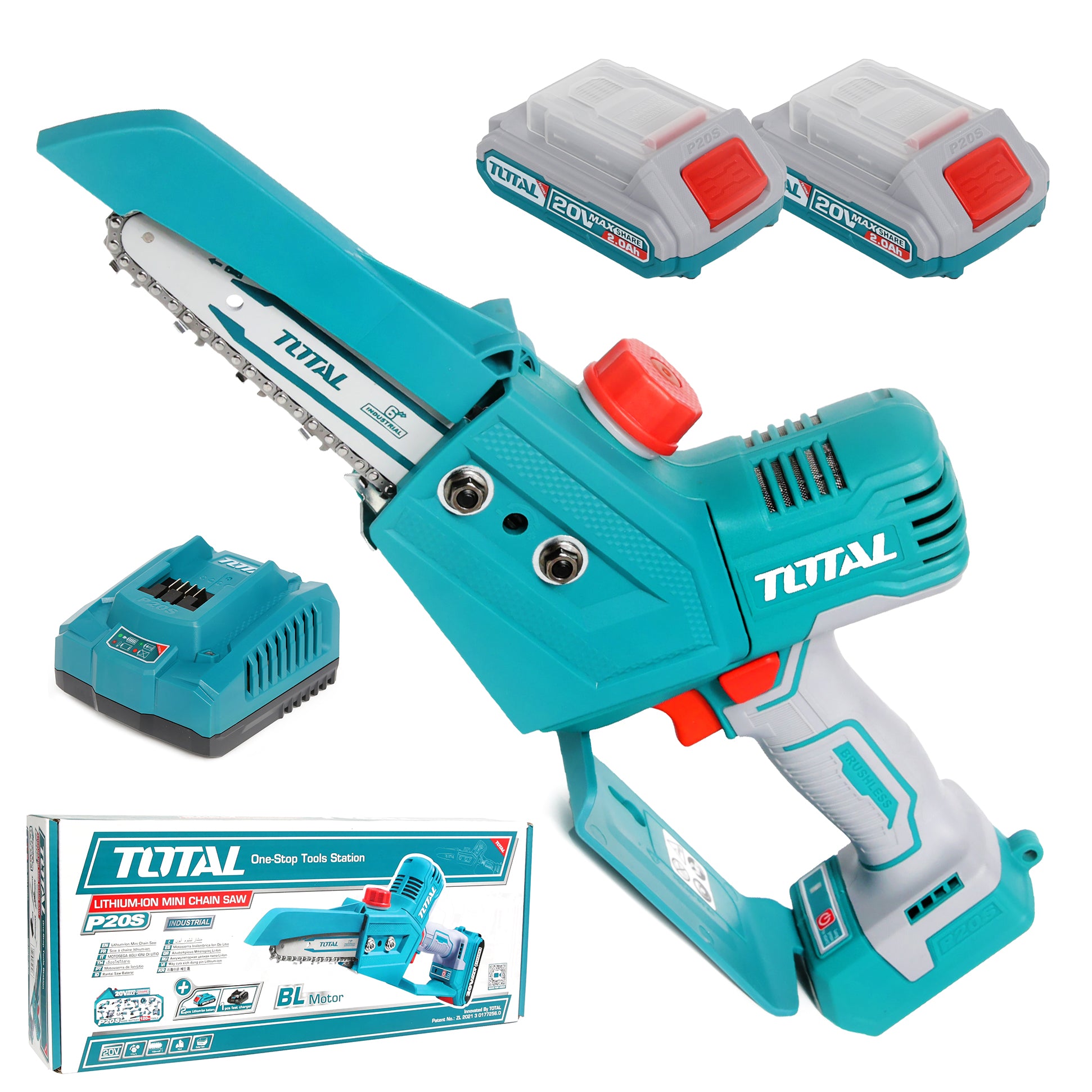 Total Li-Ion 20V Mini Chain Saw (with 2 x Batteries & Charger) - TGSLI20683