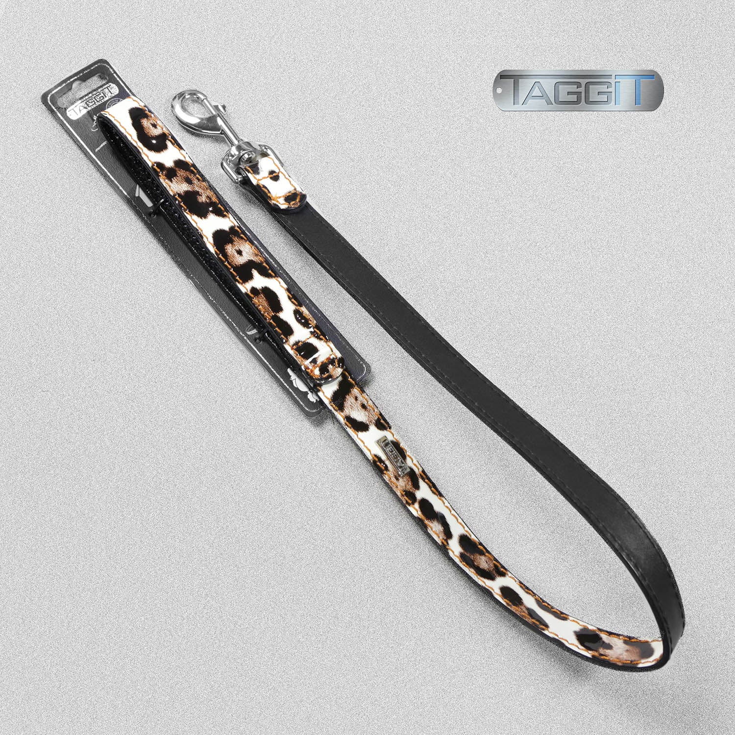 Taggit Premium Leather Patent Dog Lead Snow Leopard