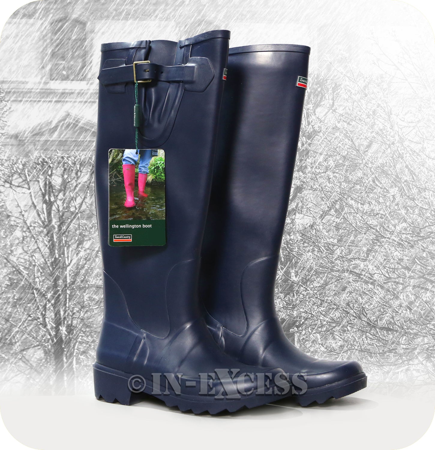 Town & Country Stylish Adjustable Deep Tread Tall Wellington Walking Boots - Navy Blue